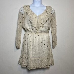 Chelsea & Violet Womens Sheer Floral Embroidered Ruffle V Neck Dress Med Cream‎